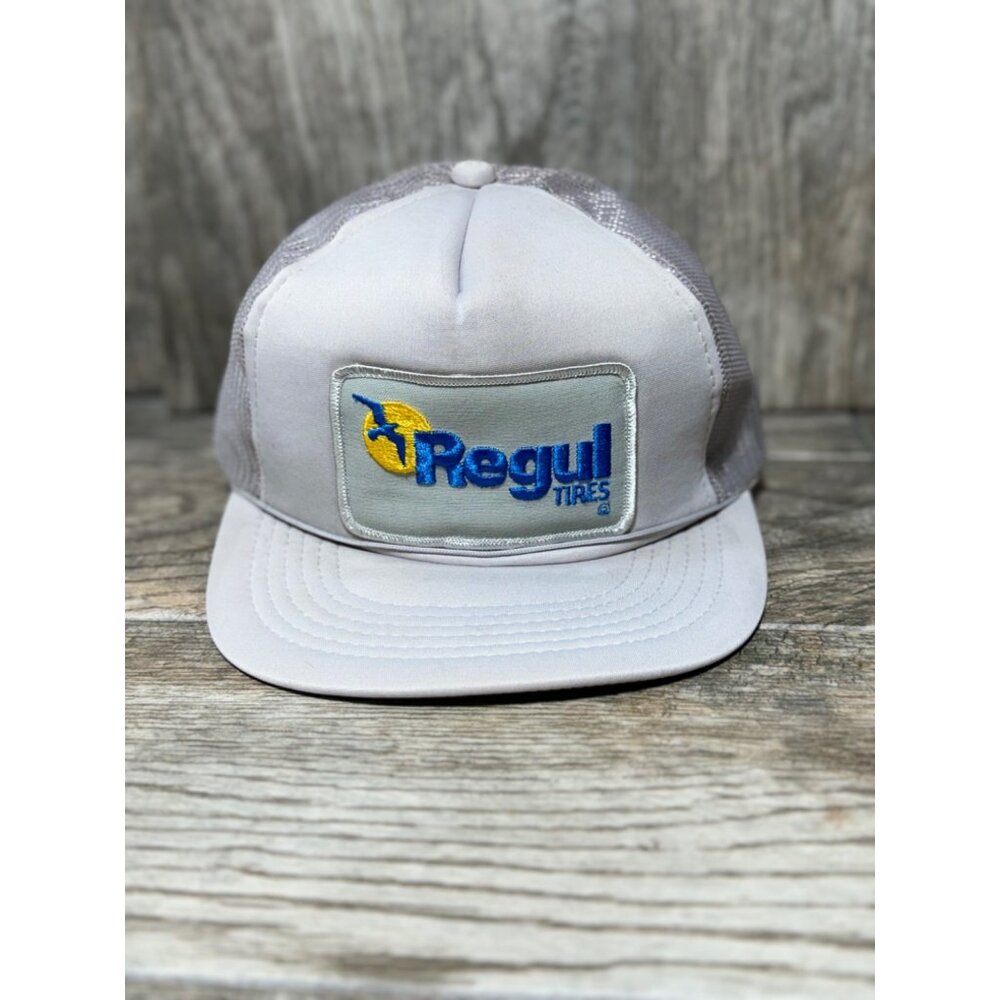 Vintage 80's Regul Tire Flat Brim Grey Trucker Snapback Hat Baseball Cap Patch